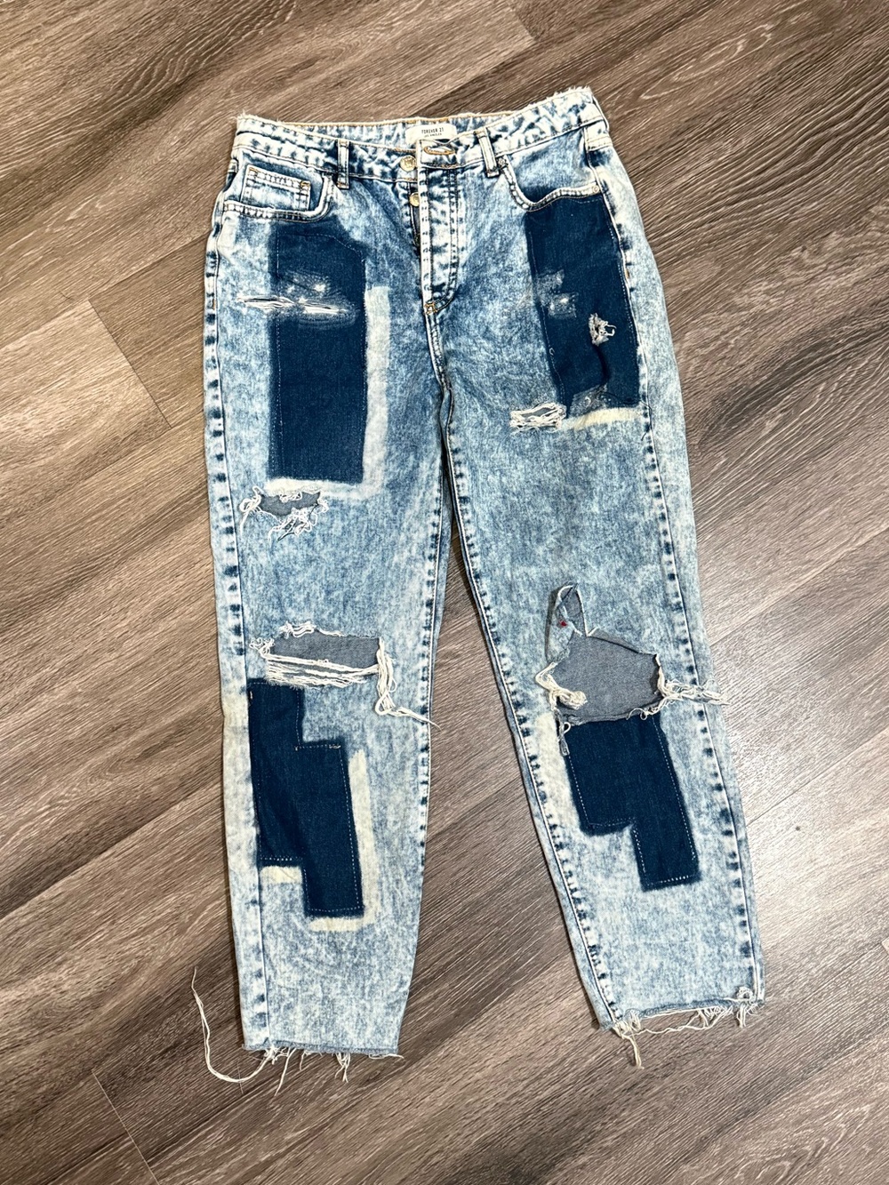Forever 21 Acid Wash Blue Patchwork Ripped Jeans